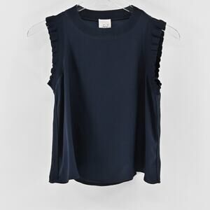 Cinq a Sept Womens Lenore‎ Silk Navy Top Size XS Sleeveless Ruffle Tank Blouse